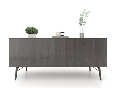 Modern Gray Decorative Cabinet With Geometric Pattern Metal Legs Green Plant Books And Vase 3d model