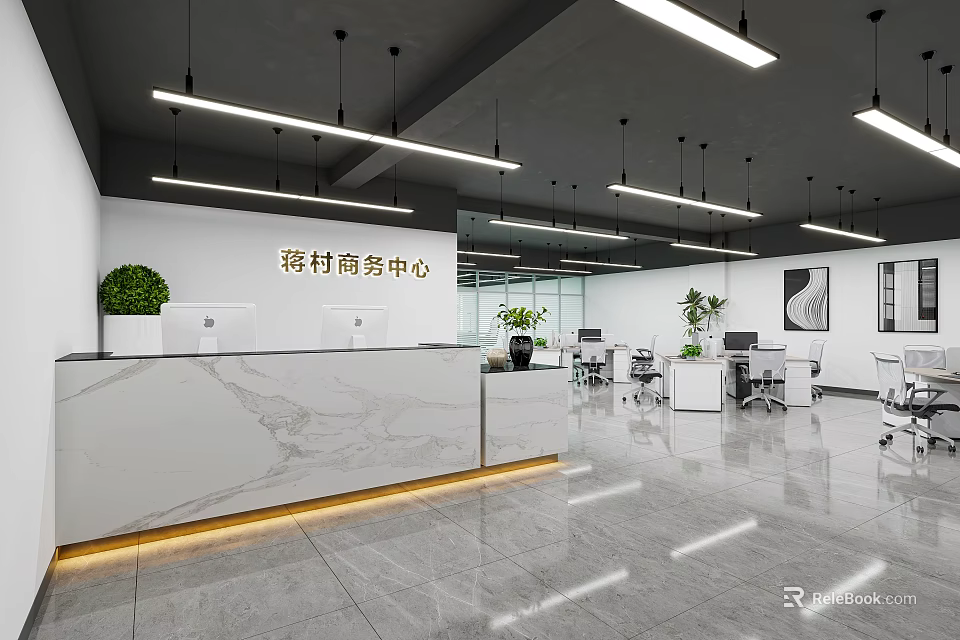 Front Desk Reception in Modern Business Center with White Marble Counter and Green Plants 3d model 