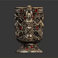 Decorative Silver Cup With Carved Female Figure And Red Gemstones Accents