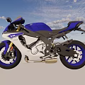 Blue and White Sport Motorcycle With Sleek Design Golden Shock Absorbers And Black Seat