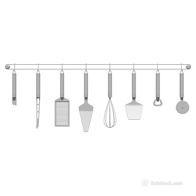 Various Hanging Kitchen Utensils Set With Essential Cooking Tools On Rack 3d model