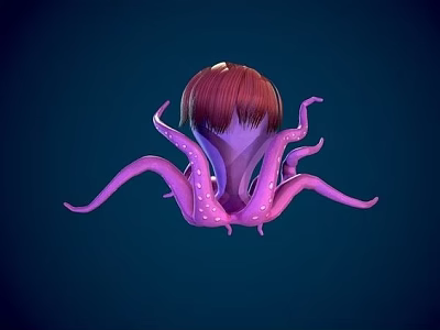 Vibrant Purple Reptile Creature With Red Head And Long Tentacles On Dark Blue Background 3d model
