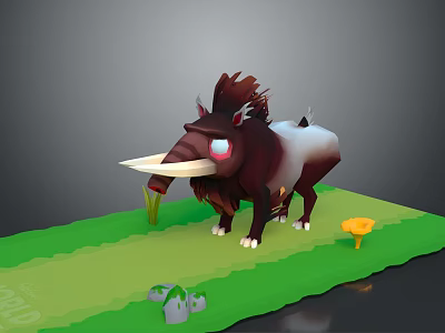 3D Game Movie Character Wild Boar With Long Tusks Brown White Fur On Green Grass 3d model