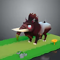 3D Game Movie Character Wild Boar With Long Tusks Brown White Fur On Green Grass