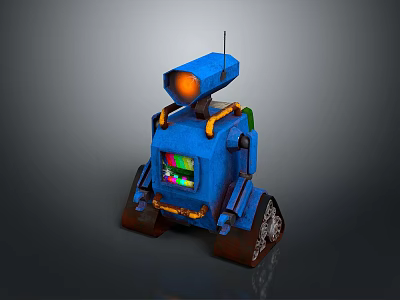 Blue Robot Game Movie Character With Orange Light Screen And Treads Mechanical Design 3d model