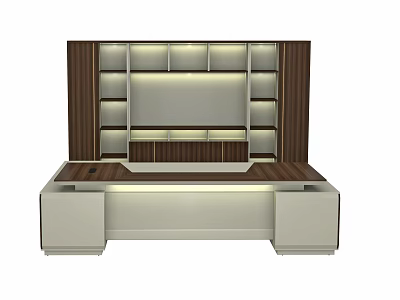 Modern Office Desk With Wooden Top White Cabinet And Storage Shelves 3d model