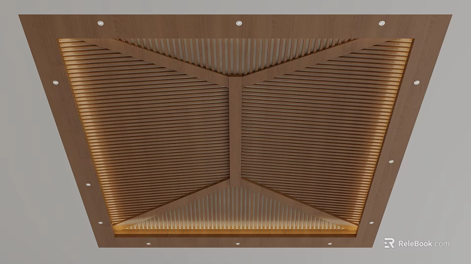 Modern Wooden Slatted Ceiling Design With Geometric Patterns And Recessed Lighting 3d model