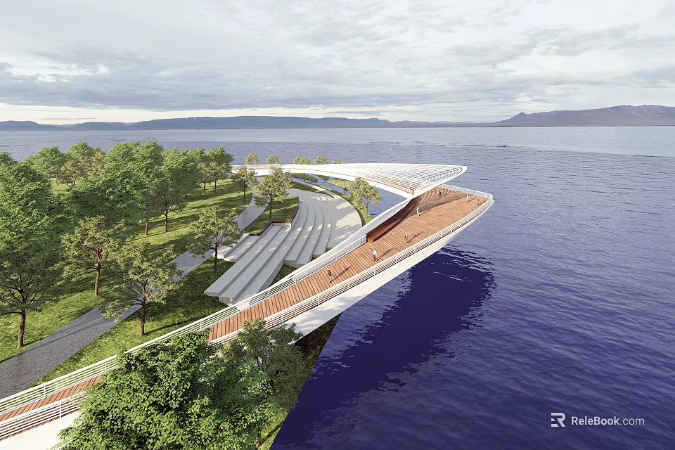 Modern Curved Bridge With Wooden Deck Greenery And Scenic Waterfront View 3d model 