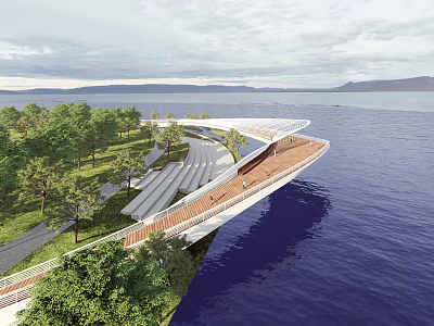 Modern Curved Bridge With Wooden Deck Greenery And Scenic Waterfront View 3d model