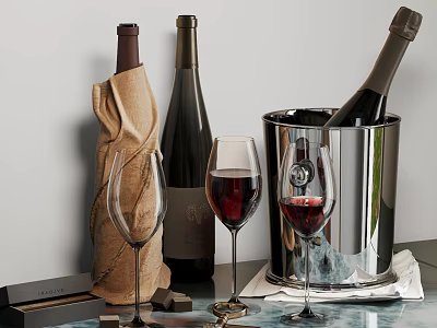 Elegant Wine Bottles And Glasses Arrangement On Marble Countertop With Ice Bucket 3d model