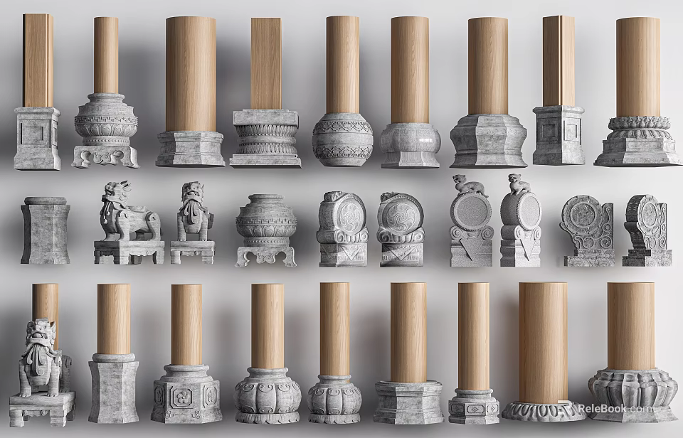 Decorative Wooden And Stone Columns With Various Base And Ornamental Designs 3d model 