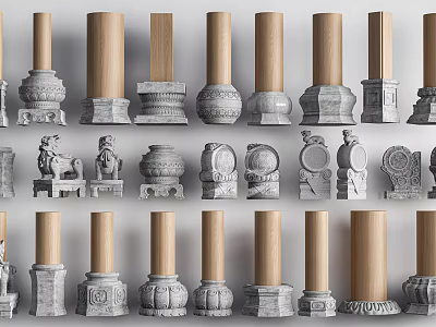 Decorative Wooden And Stone Columns With Various Base And Ornamental Designs 3d model