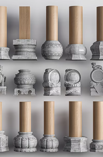 Decorative Wooden And Stone Columns With Various Base And Ornamental Designs 3d model