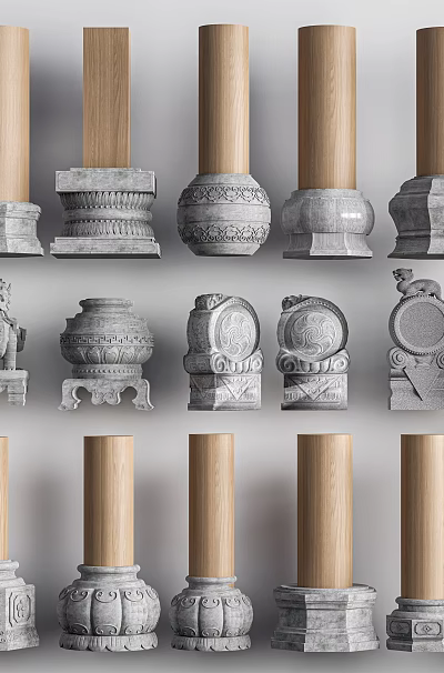 Decorative Wooden And Stone Columns With Various Base And Ornamental Designs 3d model Decorative Wooden And Stone Columns With Various Base And Ornamental Designs 3d model