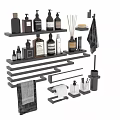 Organized Bathroom Toiletries On Floating Shelves With Bottles Towels Soap And Toilet Paper Holder