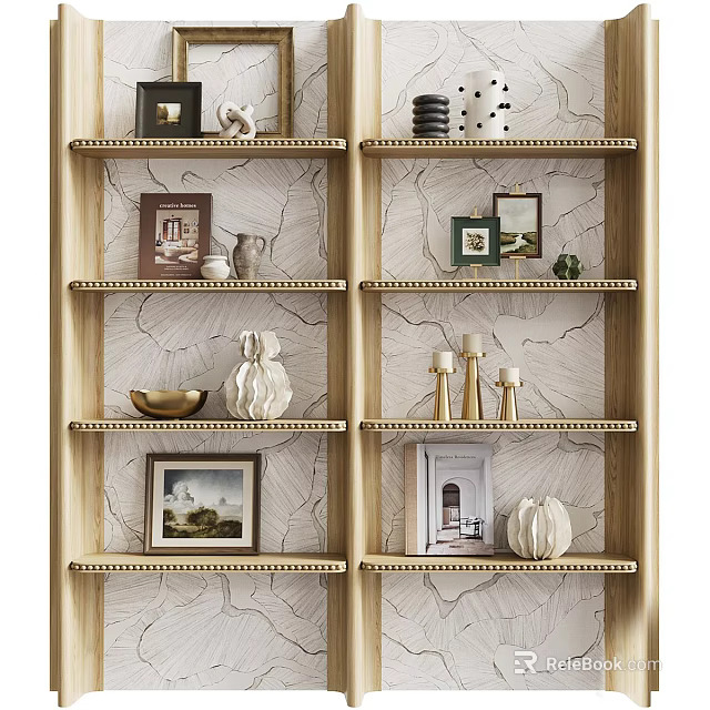 Stylish Wooden Bookshelf with Decorative Photo Frames Vases Candle Holders and Bowls 3d model 