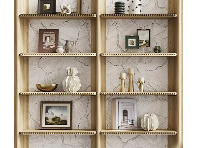 Stylish Wooden Bookshelf with Decorative Photo Frames Vases Candle Holders and Bowls 3d model