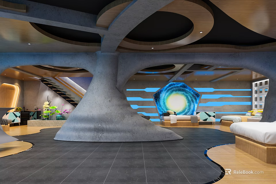 Unique Indoor Space Featuring Tree Shaped Column Black Ceiling And Blue Lighting 3d model 