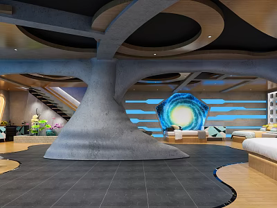 Unique Indoor Space Featuring Tree Shaped Column Black Ceiling And Blue Lighting 3d model