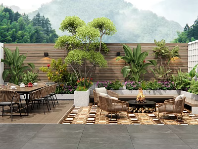 Beautiful Patio Garden With Outdoor Furniture Fire Pit Green Plants And Mountain View 3d model