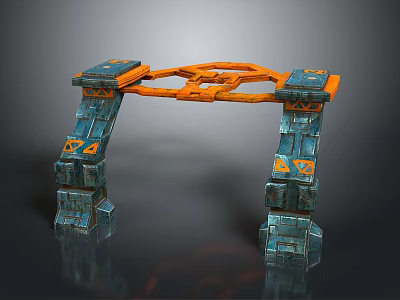 Futuristic Entrance Gate With Orange Metal Frame Blue Stone Pillars And Decorative Geometric Design 3d model