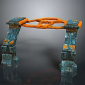 Futuristic Entrance Gate With Orange Metal Frame Blue Stone Pillars And Decorative Geometric Design