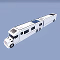 Large White Recreational Vehicle With Multiple Windows And Blue Roof Top