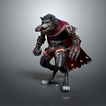 Game Fantasy Wolf Headed Humanoid Warrior Character With Ornate Armor And Red Cloak