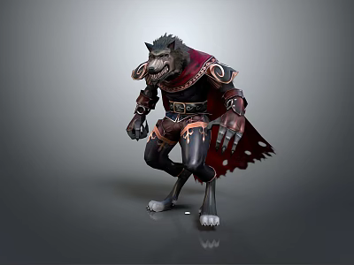 Game Fantasy Wolf Headed Humanoid Warrior Character With Ornate Armor And Red Cloak 3d model