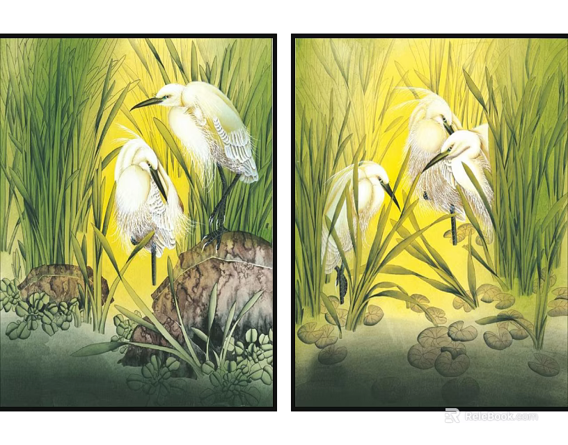 Vibrant Oil Painting of White Egrets Perched Among Green Reeds and Yellow Background 3d model 