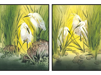 Vibrant Oil Painting of White Egrets Perched Among Green Reeds and Yellow Background 3d model