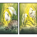 Vibrant Oil Painting of White Egrets Perched Among Green Reeds and Yellow Background