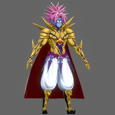 Man With Pink Hair Wearing Golden Armor Red Cape With Purple Lining And White Pants 3d model