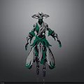3D Character with Ornate Green White Costume Purple Accents and Flowing Elements