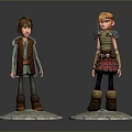 Two Detailed Cartoon Male Characters In Different Outfits Standing On Circular Bases