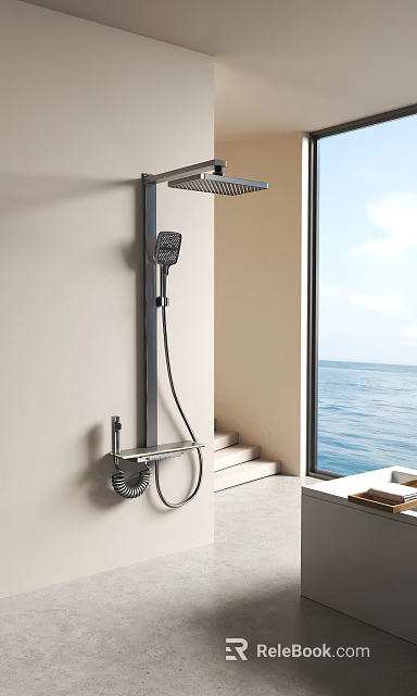 Modern Wall Mounted Handheld Shower Head in Bathroom with Sea View and Window 3d model 