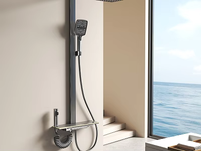 Modern Wall Mounted Handheld Shower Head in Bathroom with Sea View and Window 3d model