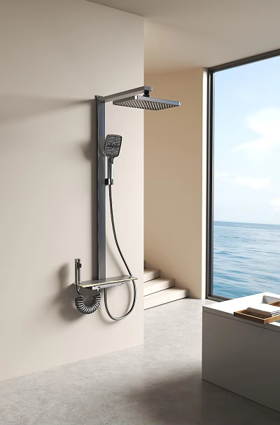 Modern Wall Mounted Handheld Shower Head in Bathroom with Sea View and Window 3d model