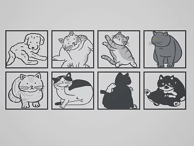 Eight Square Photo Frames Featuring Cartoon Animals In Various Poses On Grey Background 3d model