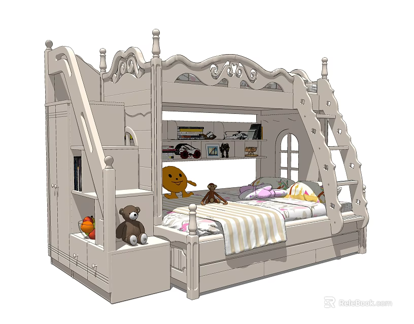 Kids Bunk Bed With Ladder Storage Stuffed Toys And Decorative Design 3d model 
