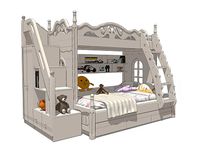 Kids Bunk Bed With Ladder Storage Stuffed Toys And Decorative Design 3d model