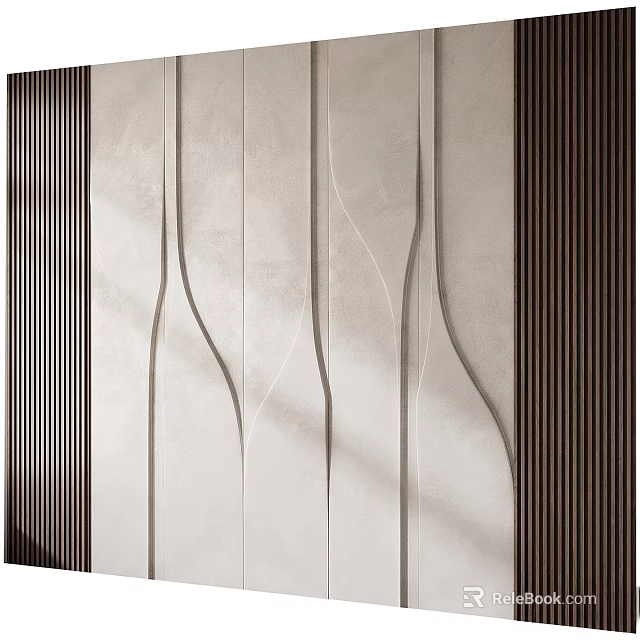 Modern Elegant Bedroom Accent Wall With Curved Lines Light Panels And Dark Vertical Strips 3d model 