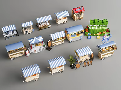 Colorful Miniature Food Carts With Striped Awnings And Vegetable Stand 3d model