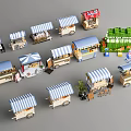 Colorful Miniature Food Carts With Striped Awnings And Vegetable Stand