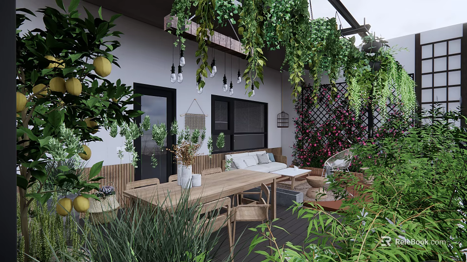 Cozy Roof Garden With Lush Green Plants Wooden Furniture And Hanging Lights 3d model 