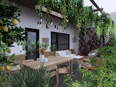 Cozy Roof Garden With Lush Green Plants Wooden Furniture And Hanging Lights 3d model