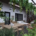 Cozy Roof Garden With Lush Green Plants Wooden Furniture And Hanging Lights