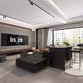 Modern Living and Dining Room With Large Sofa Coffee Table Green Plants And Decorative Painting