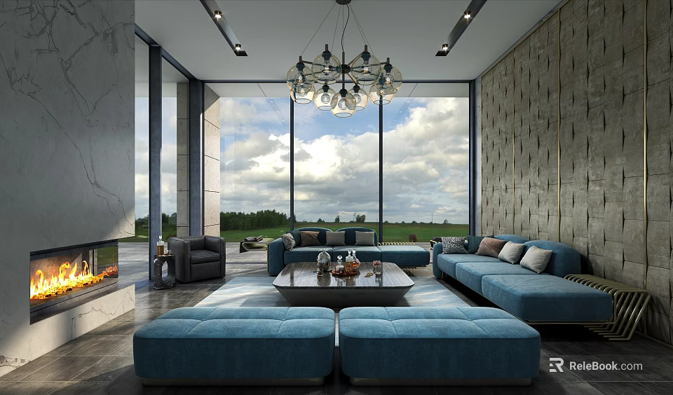 Modern Spacious Living Room With Large Floor To Ceiling Windows And Comfortable Blue Sofa Set 3d model 