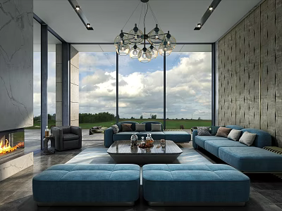 Modern Spacious Living Room With Large Floor To Ceiling Windows And Comfortable Blue Sofa Set 3d model